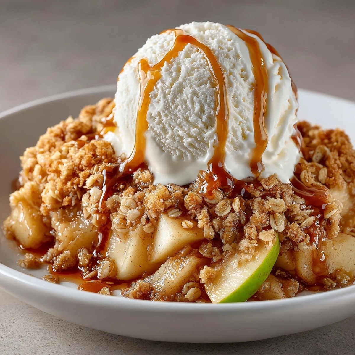 Warm Apple Crisp with Vanilla Ice Cream served fresh in a bowl, golden oat topping glistening.
