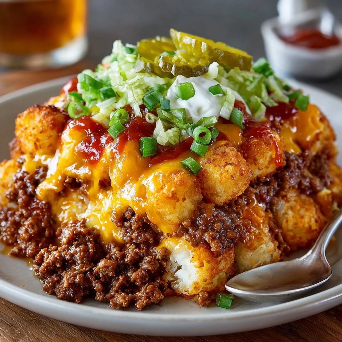 A bubbly, cheesy Cozy Cheeseburger Tater Skillet with crispy tater tots ready to be devoured.