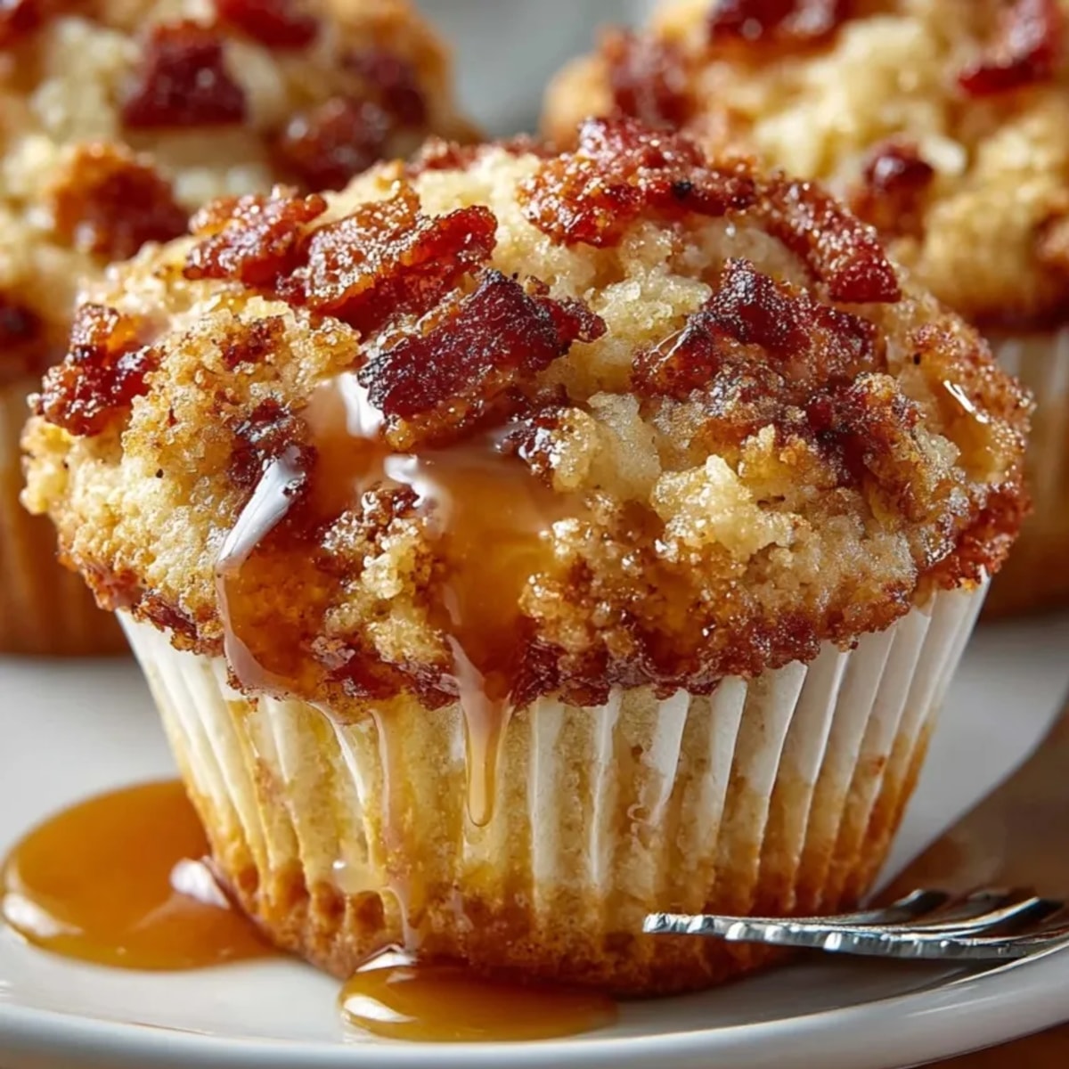 Golden, fluffy Maple Bacon Pancake Muffins, topped with crispy bacon ready to be enjoyed.