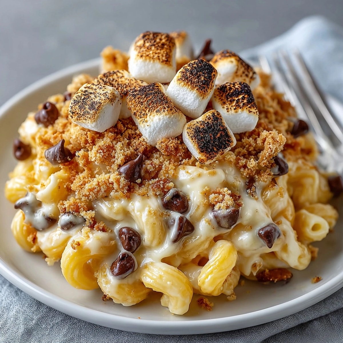 A bubbly casserole of s'mores mac and cheese, with gooey cheese and a sweet graham cracker crust.
