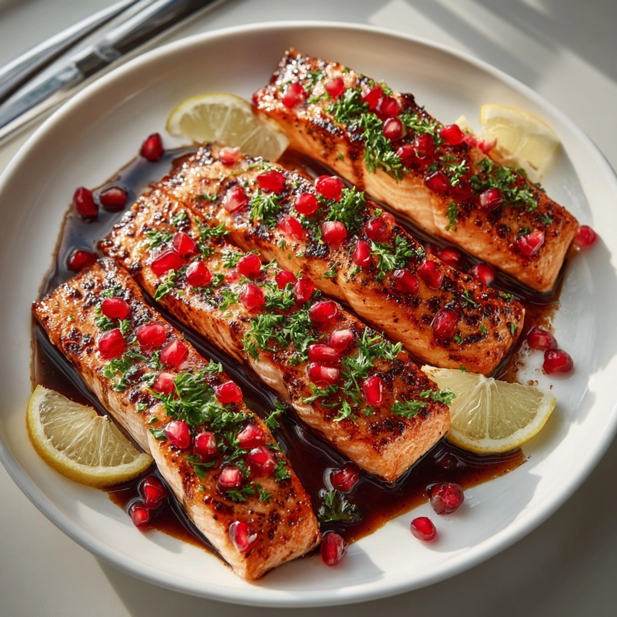 Oven-roasted Pomegranate Balsamic Glazed Salmon resting on parchment, drizzled with sweet-tart glaze and fresh herbs.