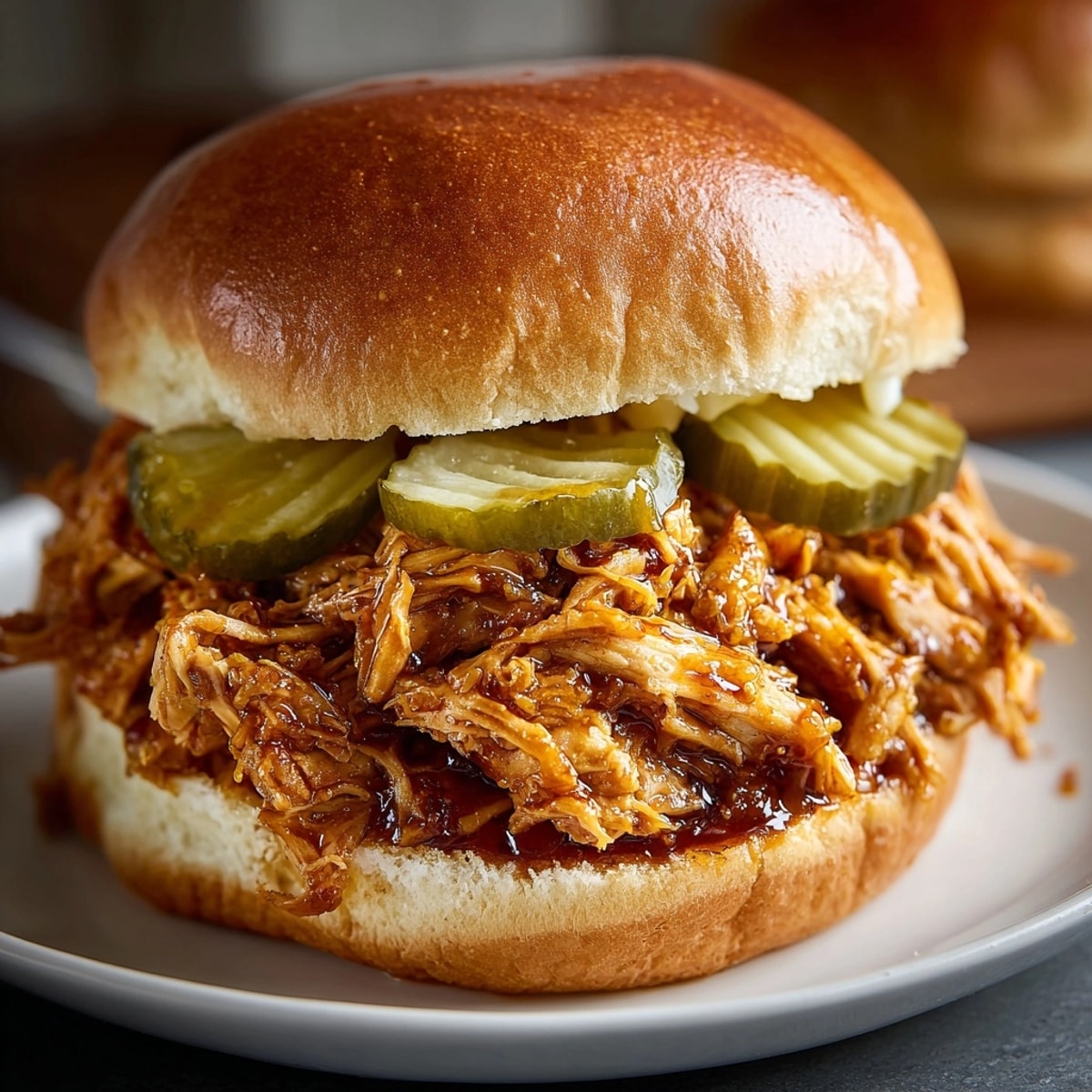 Crockpot hot honey chicken sandwich loaded with juicy shredded chicken, glossy buns, and tangy pickles.