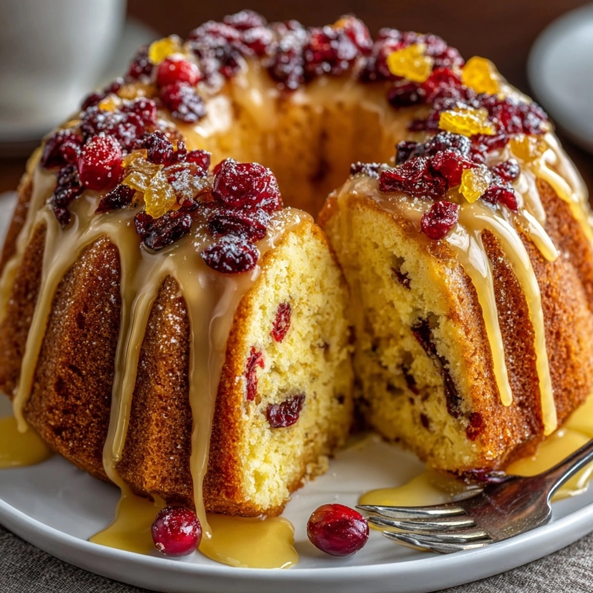 Homemade Cranberry Orange Bundt Cake recipe, glazed and ready to serve at a festive gathering.