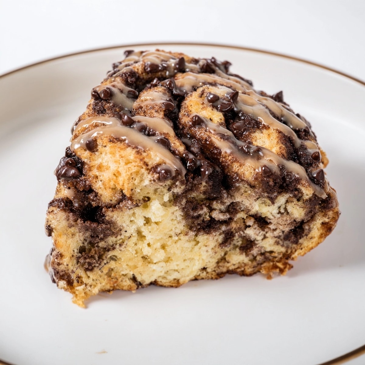 Close-up of golden brown Chocolate Cinnamon Roll Scones, fresh from the oven and glazed.