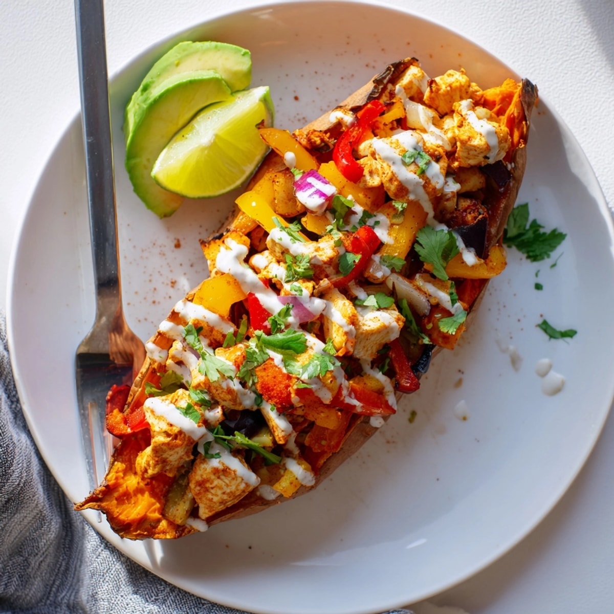 Golden baked sweet potatoes stuffed with savory Cajun Chicken mix, yogurt drizzled.