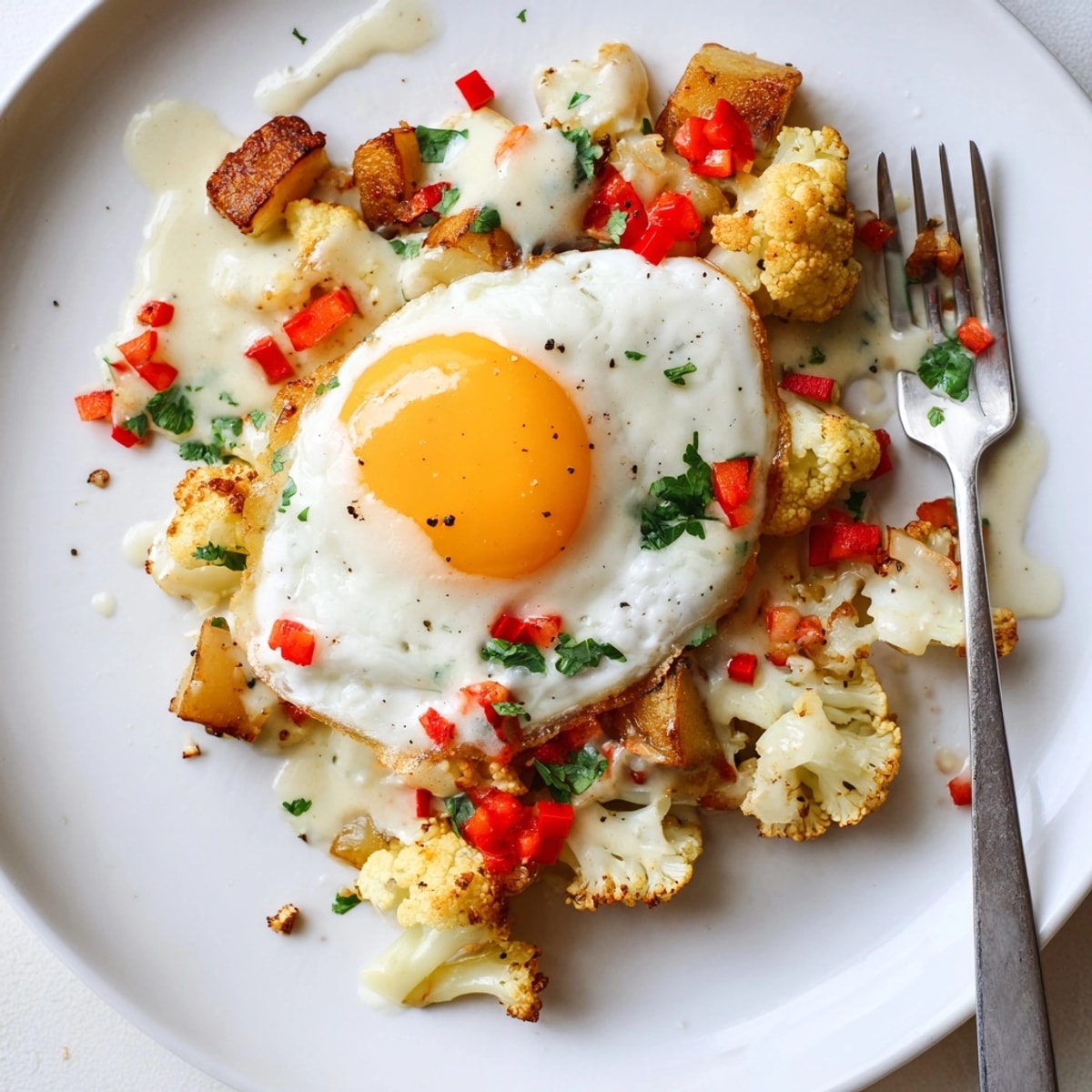 Enjoy warm bites of Alfredo Cauliflower Breakfast Hash: roasted veggies smothered in creamy sauce.