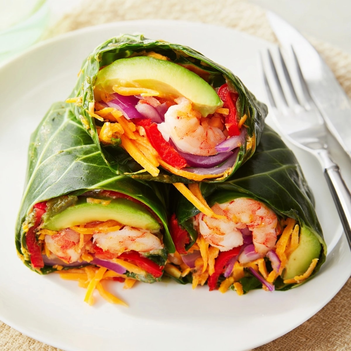 Shrimp & Cheddar Collard Green Wraps: Fresh, vibrant ingredients bundled inside a leafy green.
