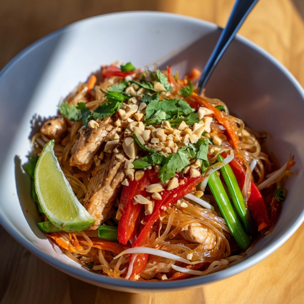 Close-up on spicy Thai Chili Chicken Noodle Bowls, a colorful, aromatic weeknight dinner.