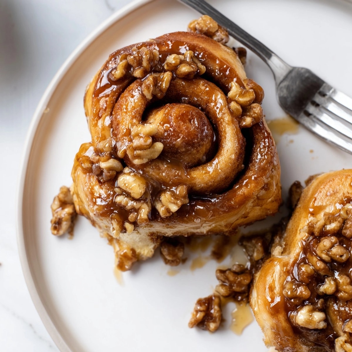 Freshly baked Cinnamon Maple Walnut Sticky Buns, showcasing their caramelized, nutty base, served warm.
