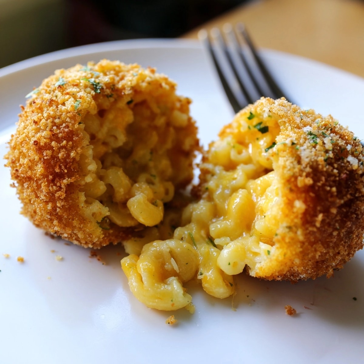 Crispy, golden Cheesy Mac and Cheese Rice Balls glistening fresh from hot oil.