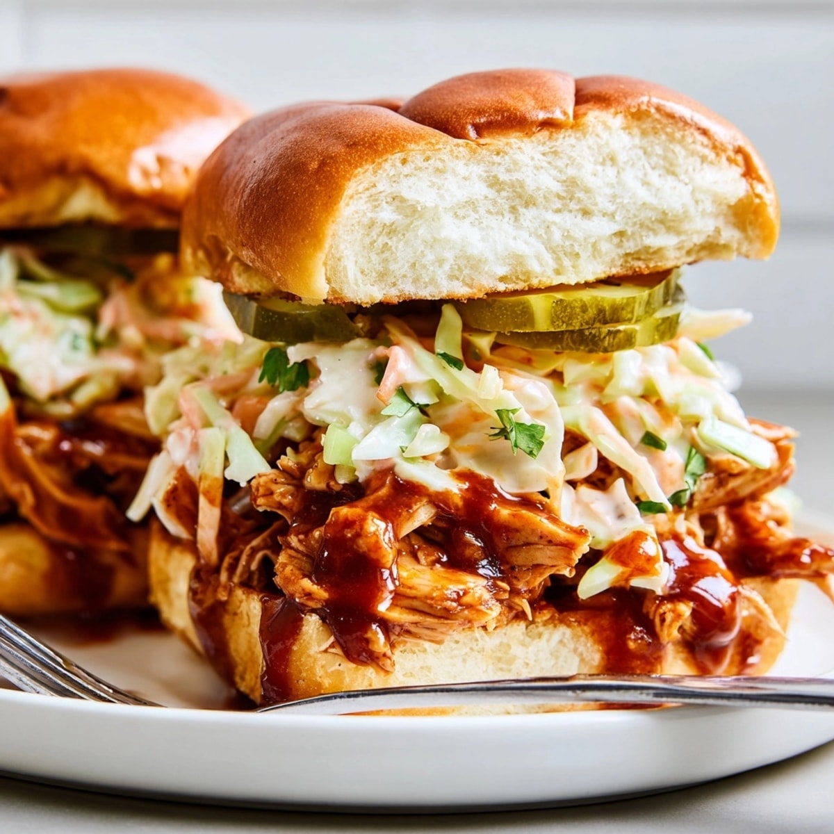 Golden, toasted slider buns hug BBQ chicken: delicious Cajun BBQ Chicken Sliders recipe.
