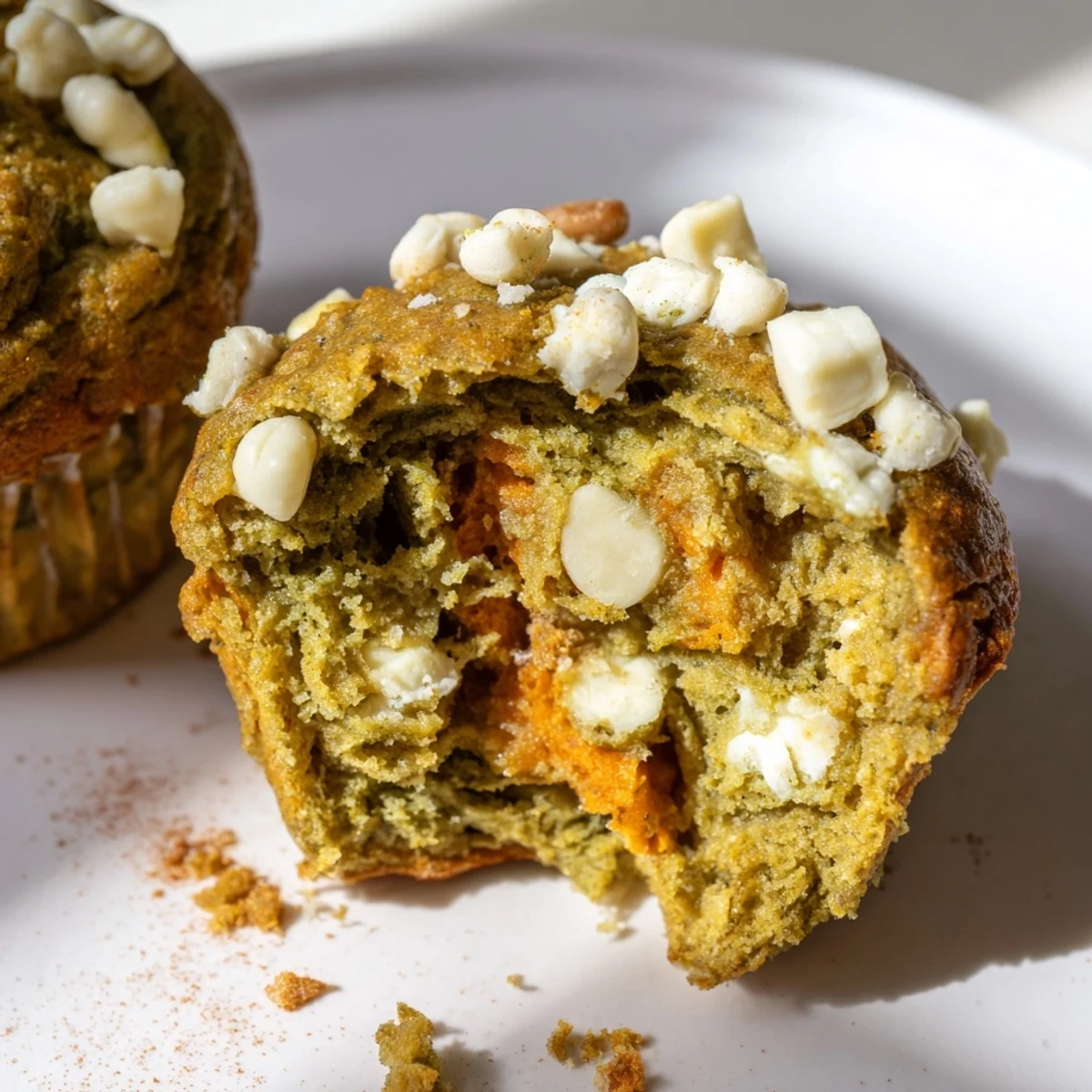 Tender matcha white chocolate pumpkin muffins, perfect for a cozy breakfast treat.  