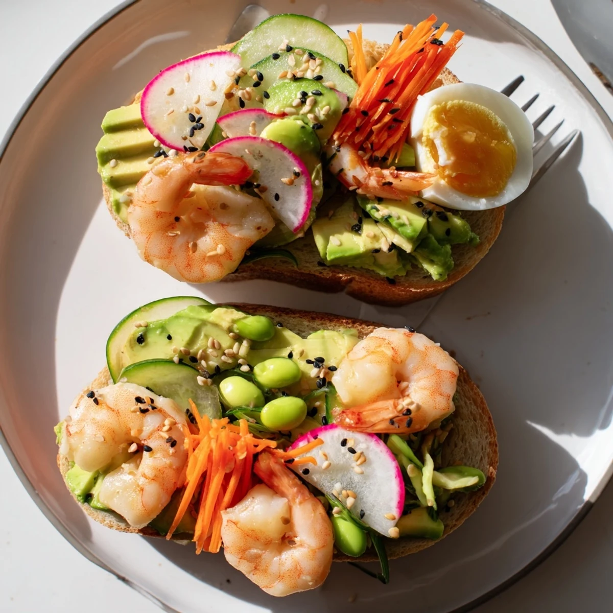 Colorful Japanese bento open-face sandwiches topped with shrimp and fresh vegetables.  