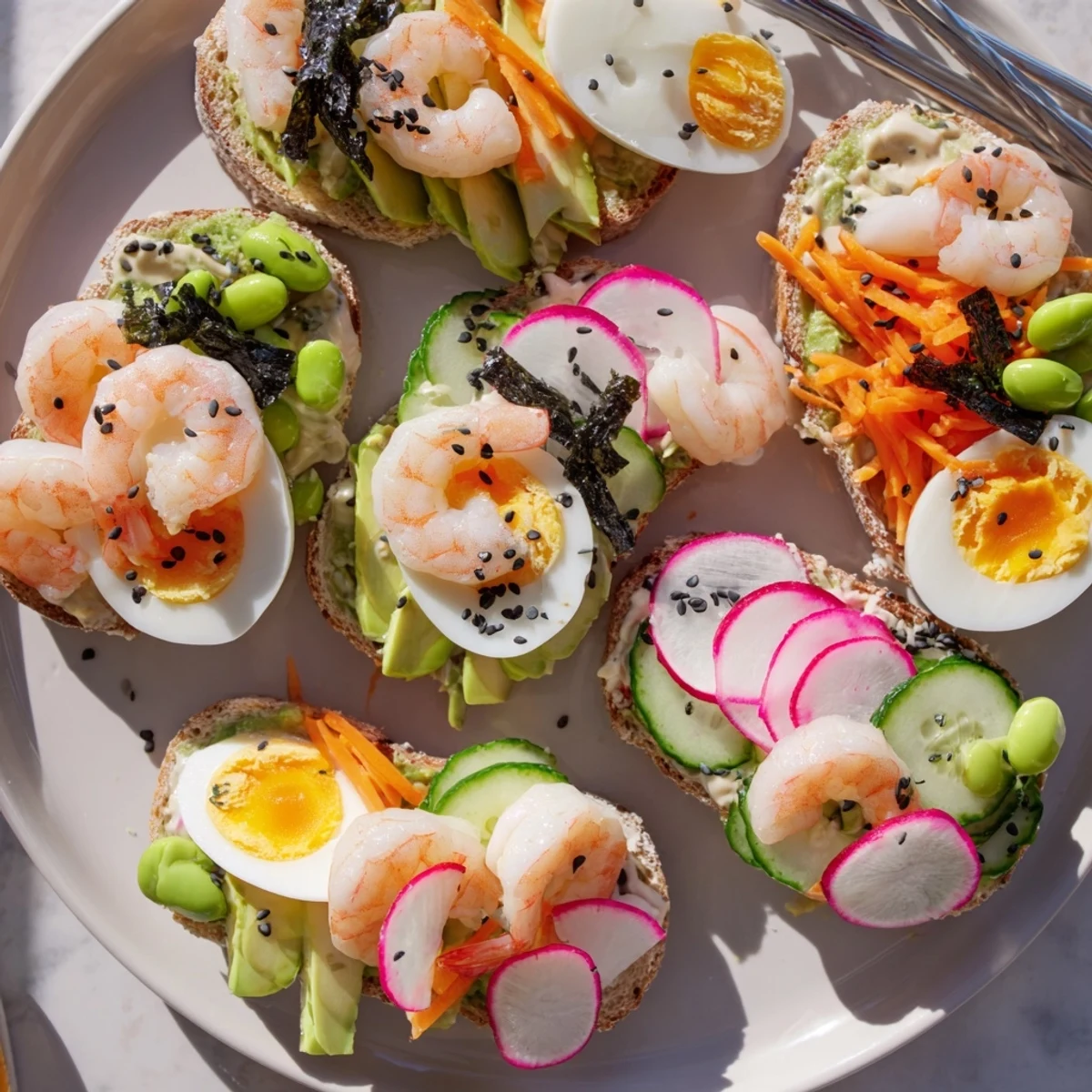 Deliciously layered Japanese bento open-face sandwiches with shrimp and creamy avocado.  