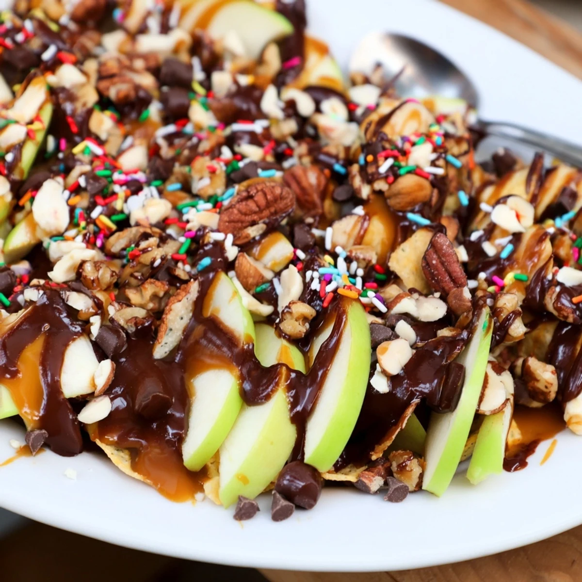 Crisp apple slices on a platter drizzled with warm caramel and chocolate sauce.  