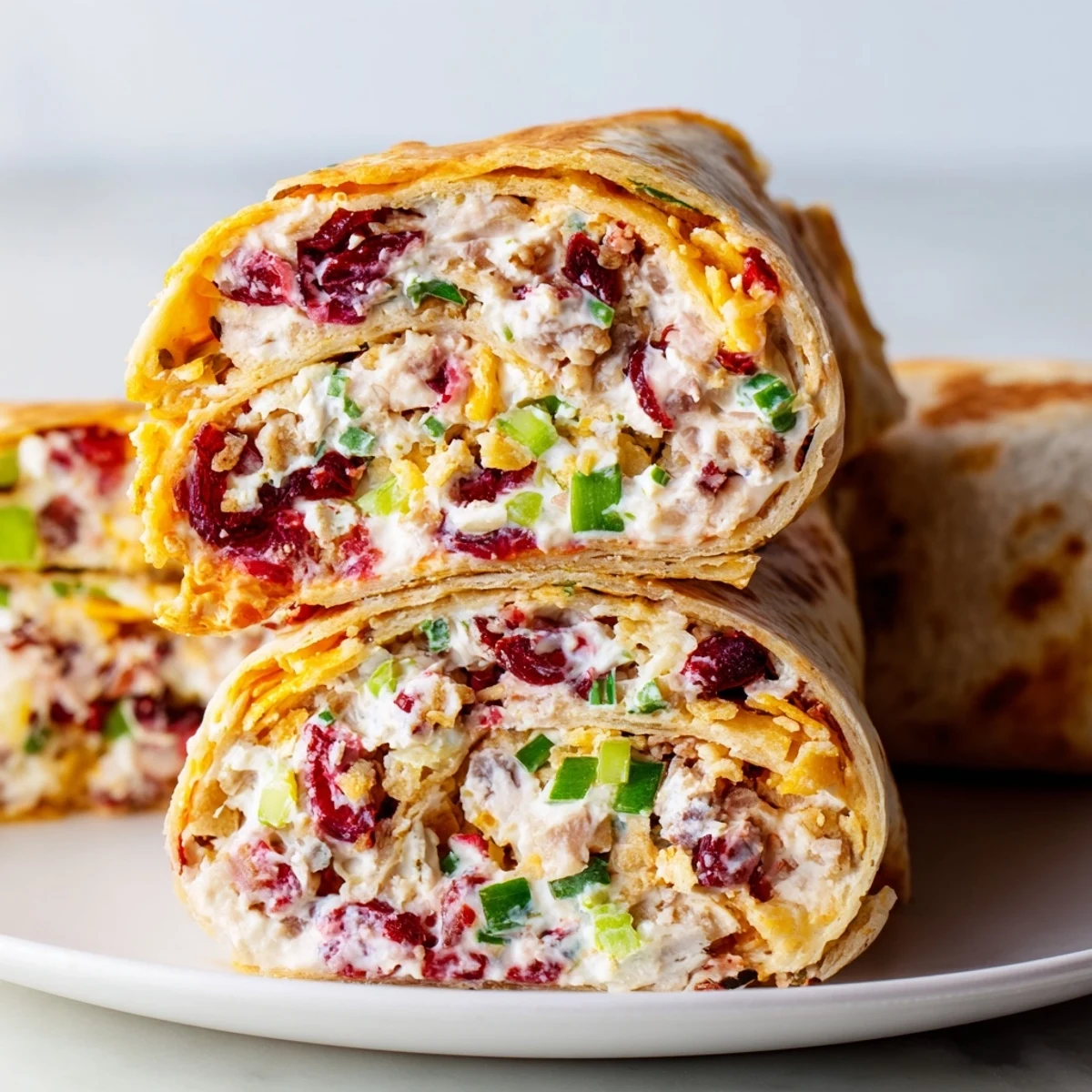 Golden brown Cranberry Jalapeño Dip Crunch Wraps served warm with sour cream.