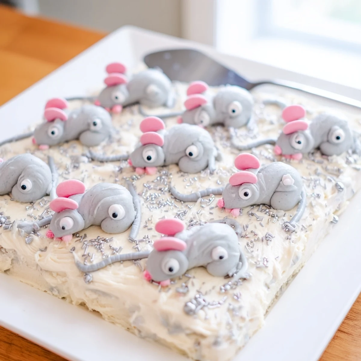 Moist vanilla Rat Cake Birthday Sheet Bake adorned with playful rat decorations and sprinkles.  