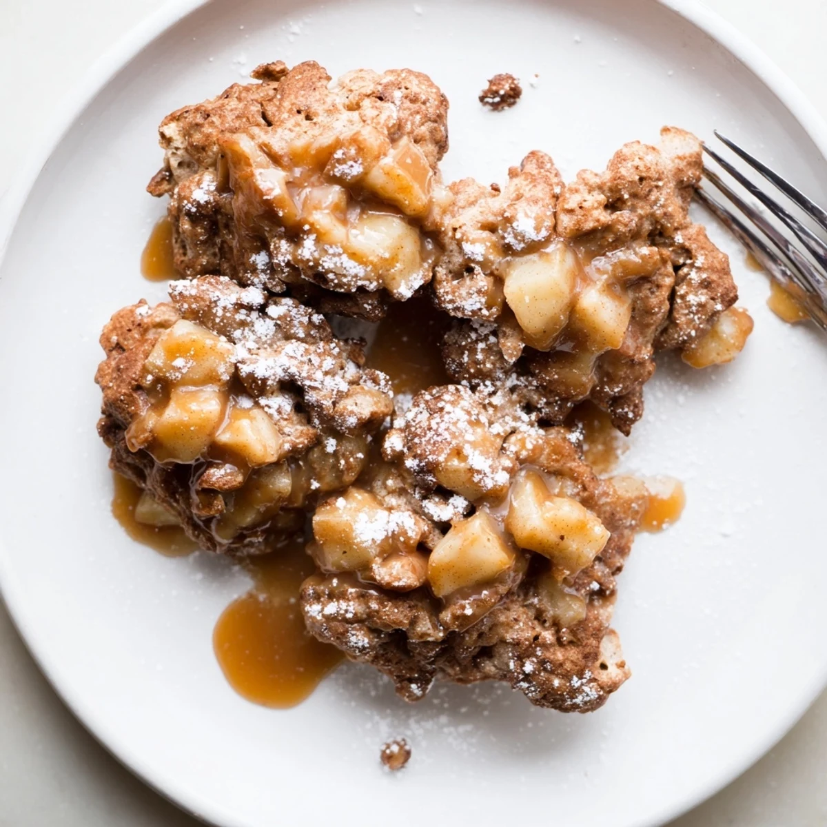 Crispy Caramel Apple Spiced Biscuit Fritters drizzled with rich caramel sauce, perfect for fall.  