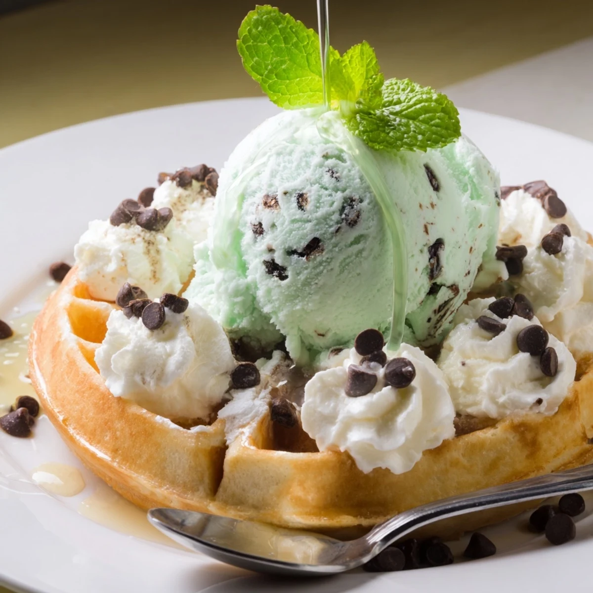 Fluffy Monster Mint Soda Float Waffles topped with vibrant mint ice cream and fizz.  