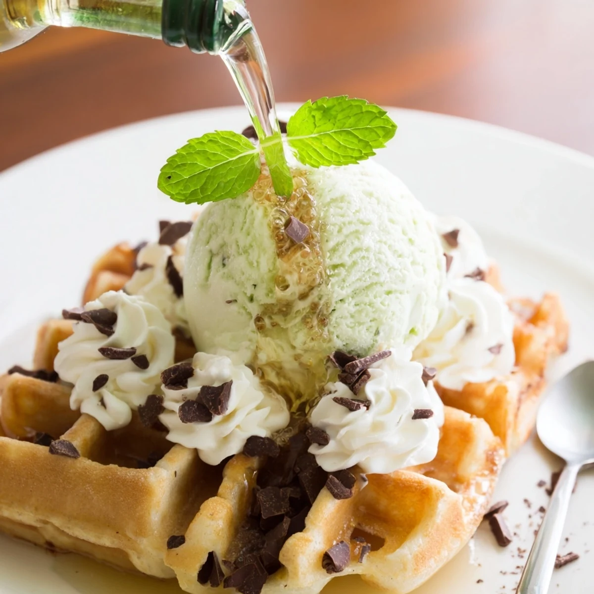 Deliciously thick Monster Mint Soda Float Waffles drizzled with lemon-lime soda and whipped cream.