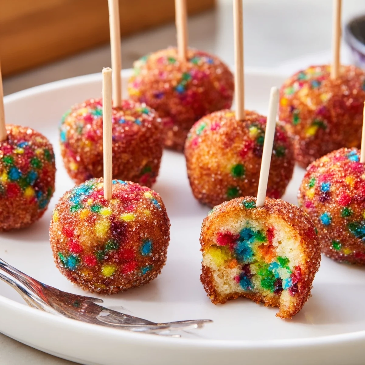 Whimsical Funfetti Cinnamon Sugar Muffin Pops coated in sweet, crunchy cinnamon sugar.  