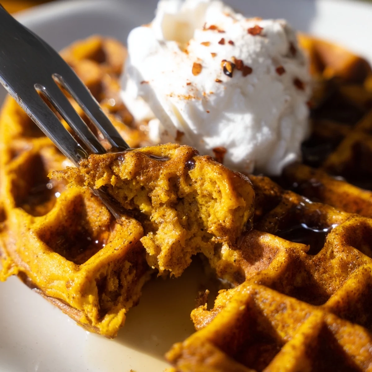 Warm Spicy Pumpkin Buttermilk Waffles topped with maple syrup for a cozy morning treat.