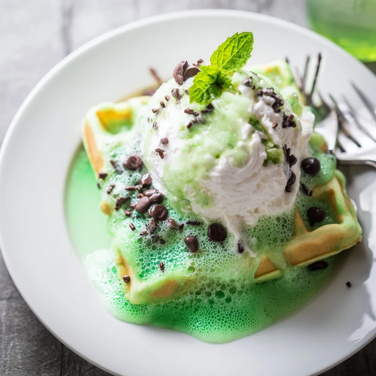 Fluffy Monster Mint Soda Float Waffles topped with mint ice cream and fizzy soda.  