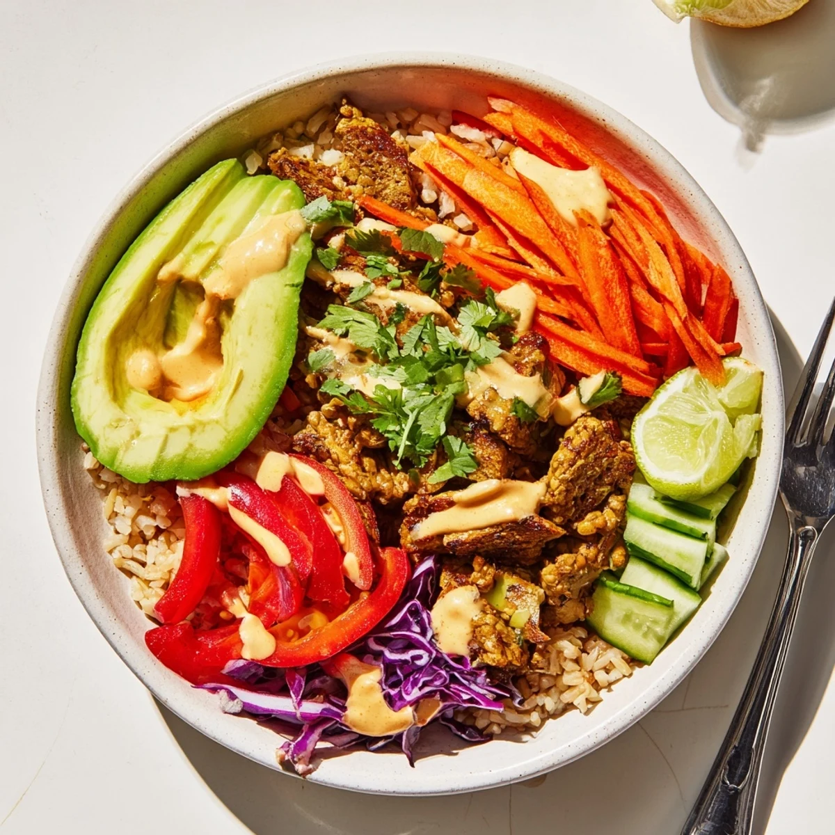 Delicious plant-based meat bowl featuring quinoa, fresh vegetables, and creamy sauce.