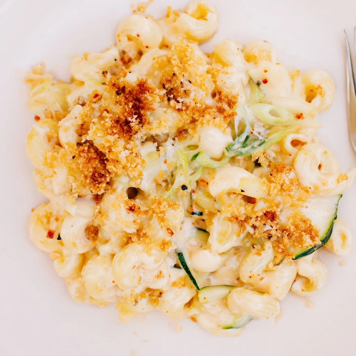 Baked Spicy Kimchi Mac & Cheese features melty cheese and zesty kimchi goodness.