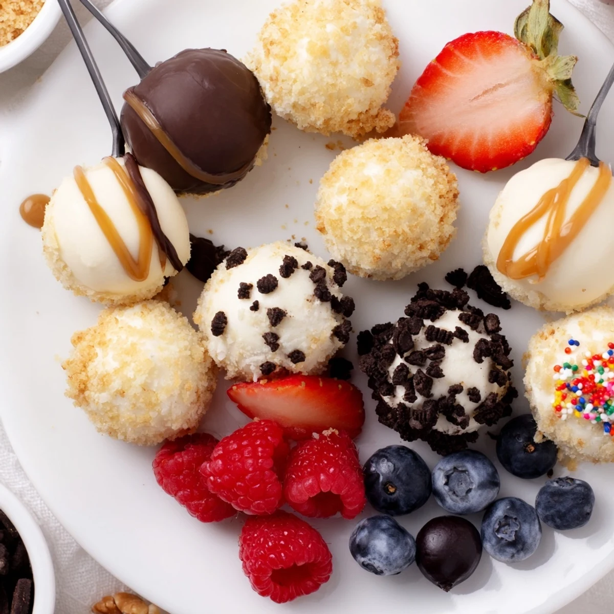 Creamy cheesecake bites arranged on a platter, ready for delightful topping choices.  