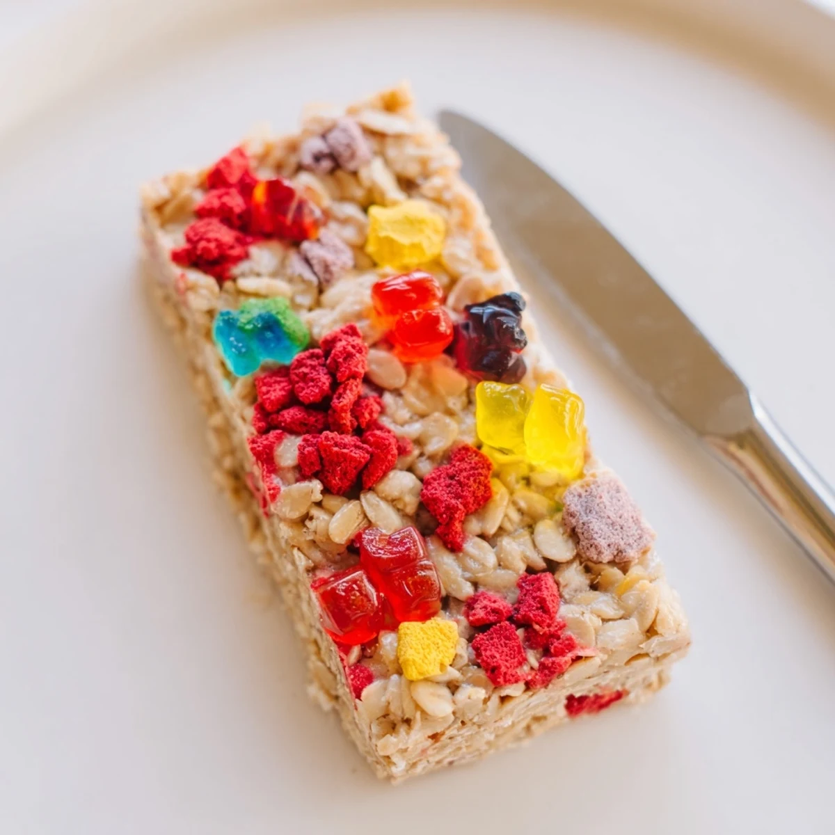 Colorful freeze-dried candy mash-up with chewy gummies on a wholesome oat base.  