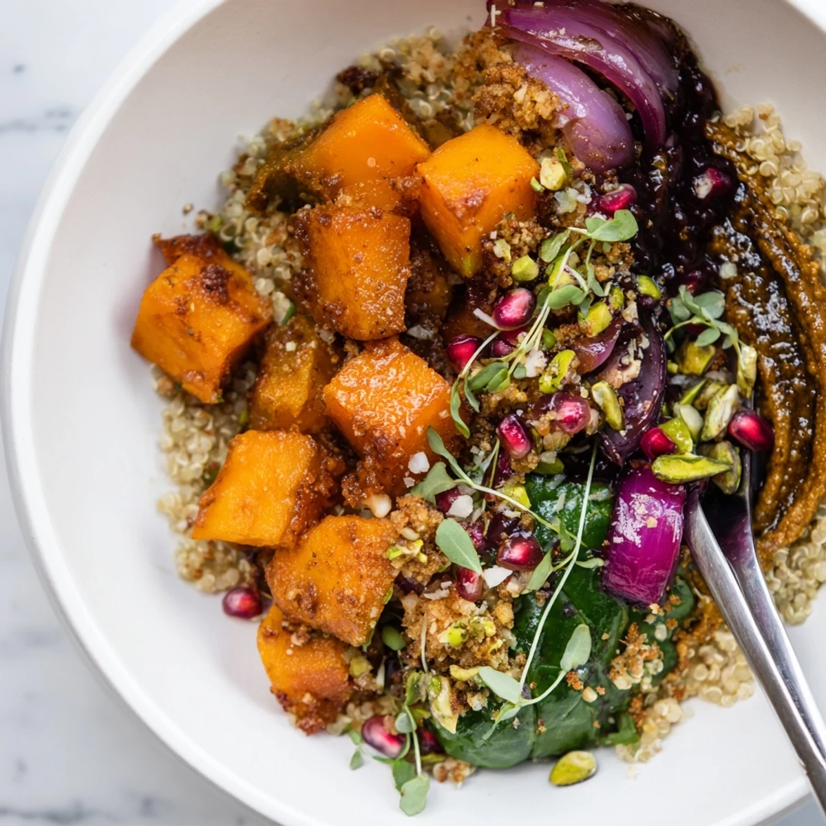 Cozy spiced winter bowls topped with roasted veggies, ube-coconut purée, and pistachios.  