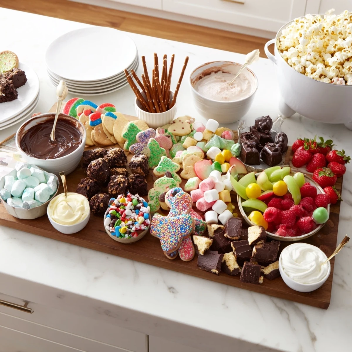 A vibrant dessert board with themed snacks and colorful fresh fruits.  