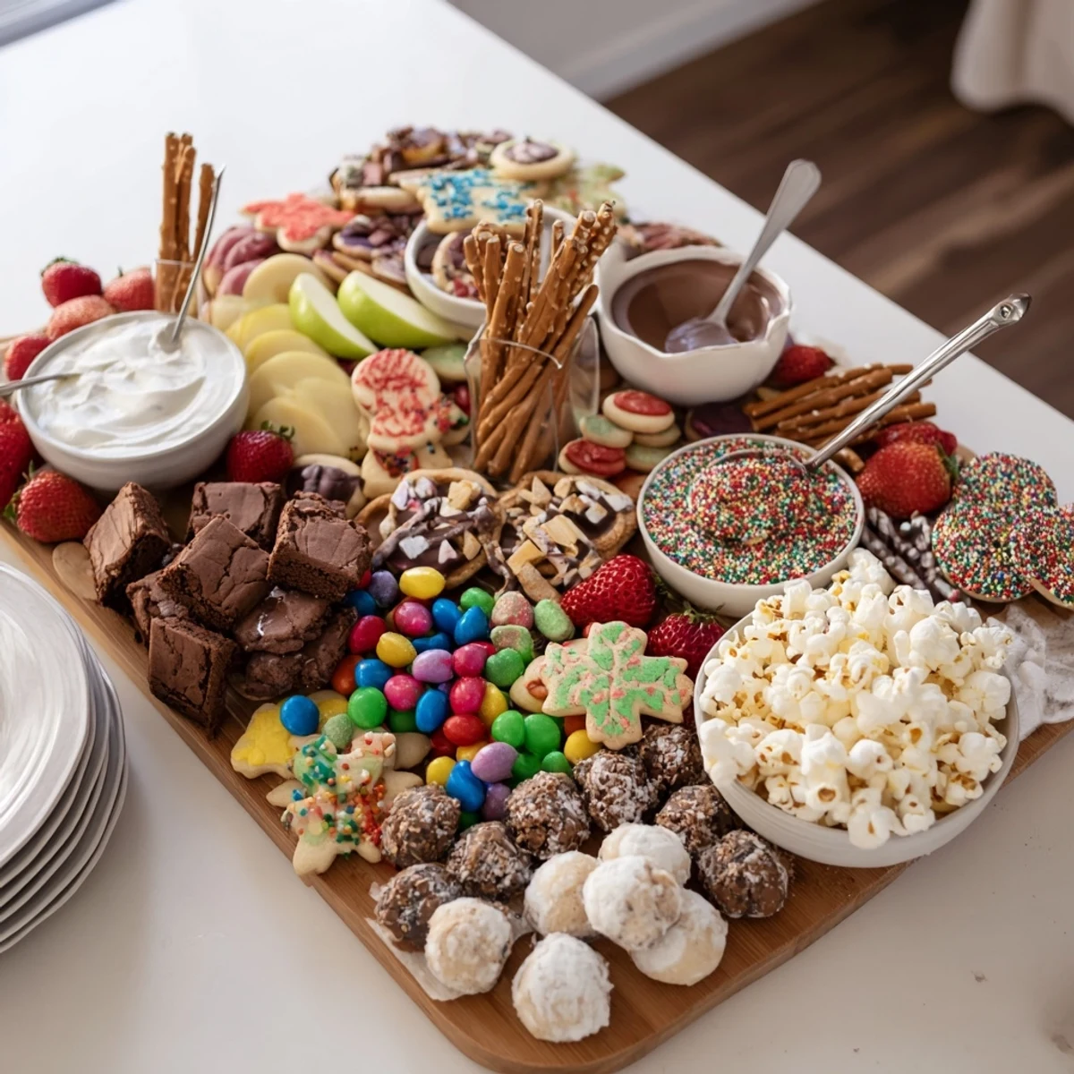 Festive dessert boards featuring assorted sweet treats and indulgent chocolate dips.  