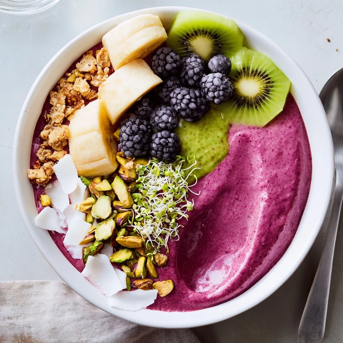Vibrant smoothie bowls with purple yam and fresh berries, perfect for breakfast.  