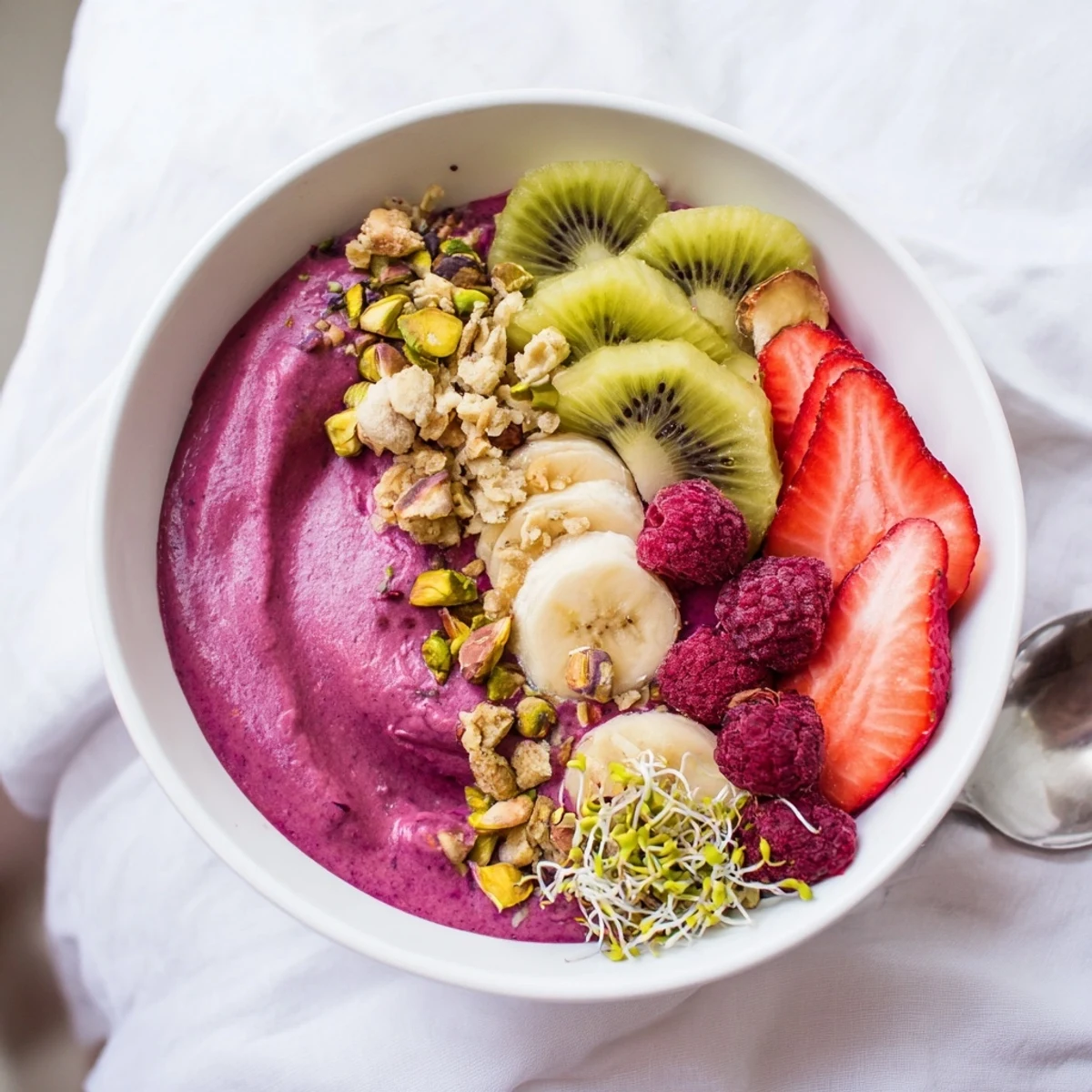 Delicious smoothie bowls topped with pistachios and edible flowers for a colorful treat.  