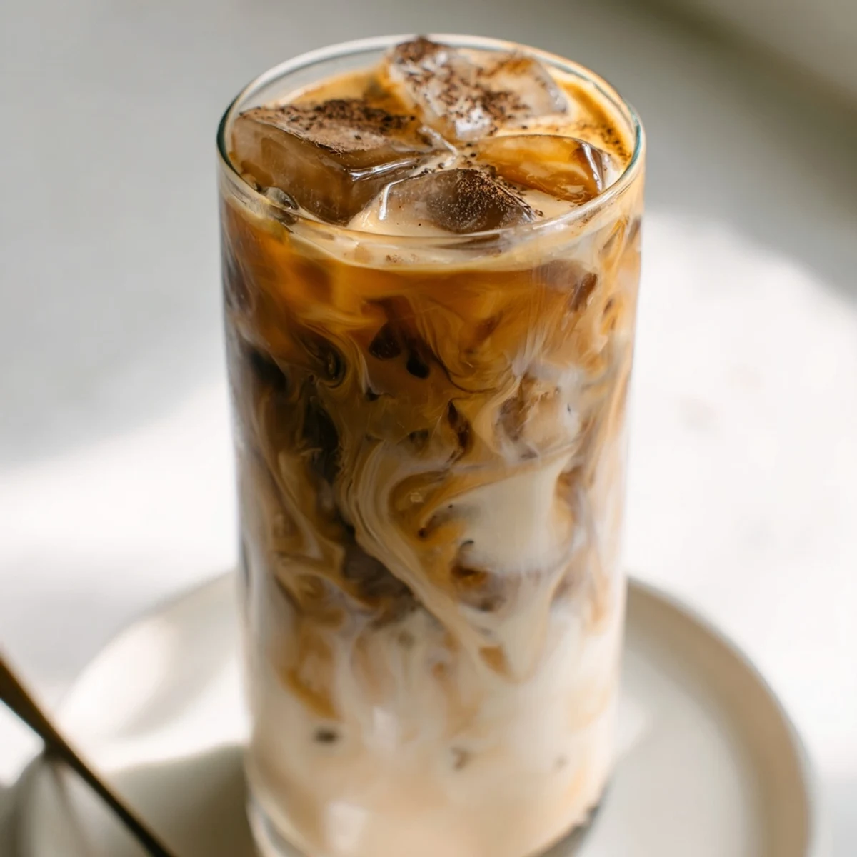Creamy tahini iced coffee topped with plant-based milk and ice cubes.  