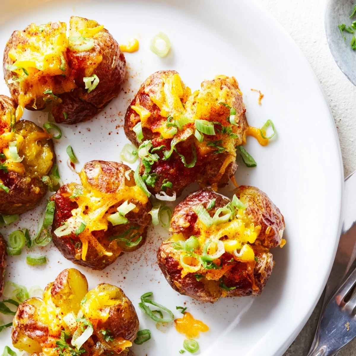 Golden-brown smashed green onion potato bombs, a flavorful appetizer or side dish.  