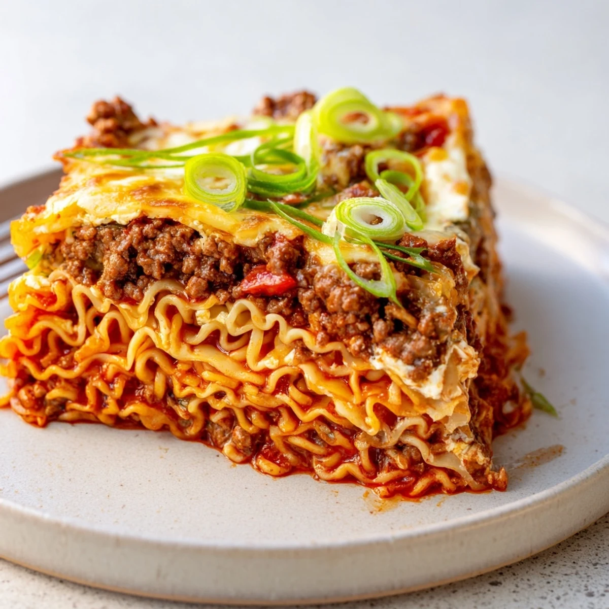 Delicious Spicy Ramen Lasagna crafted with rich ground pork and tangy tomato sauce.  