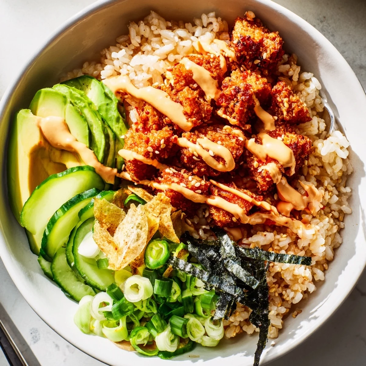 Vibrant Crispy Salmon Rice Bowl served with tangy kimchi and golden garlic garnish. 