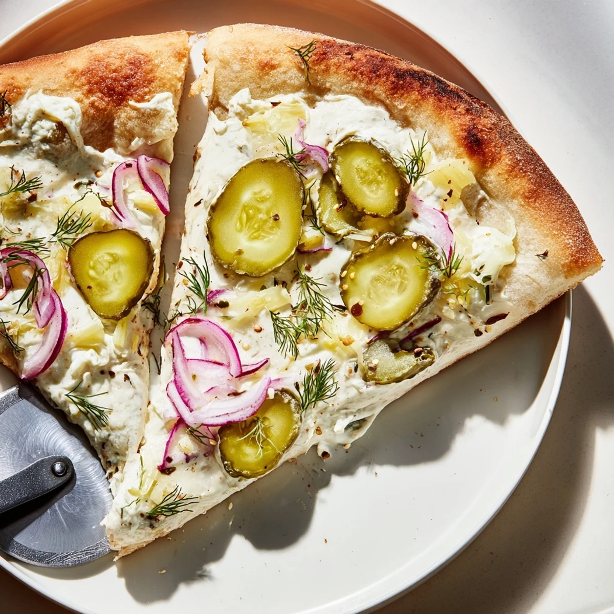 Tangy pickle pizza topped with crème fraîche, mozzarella, and crunchy dill pickles.  