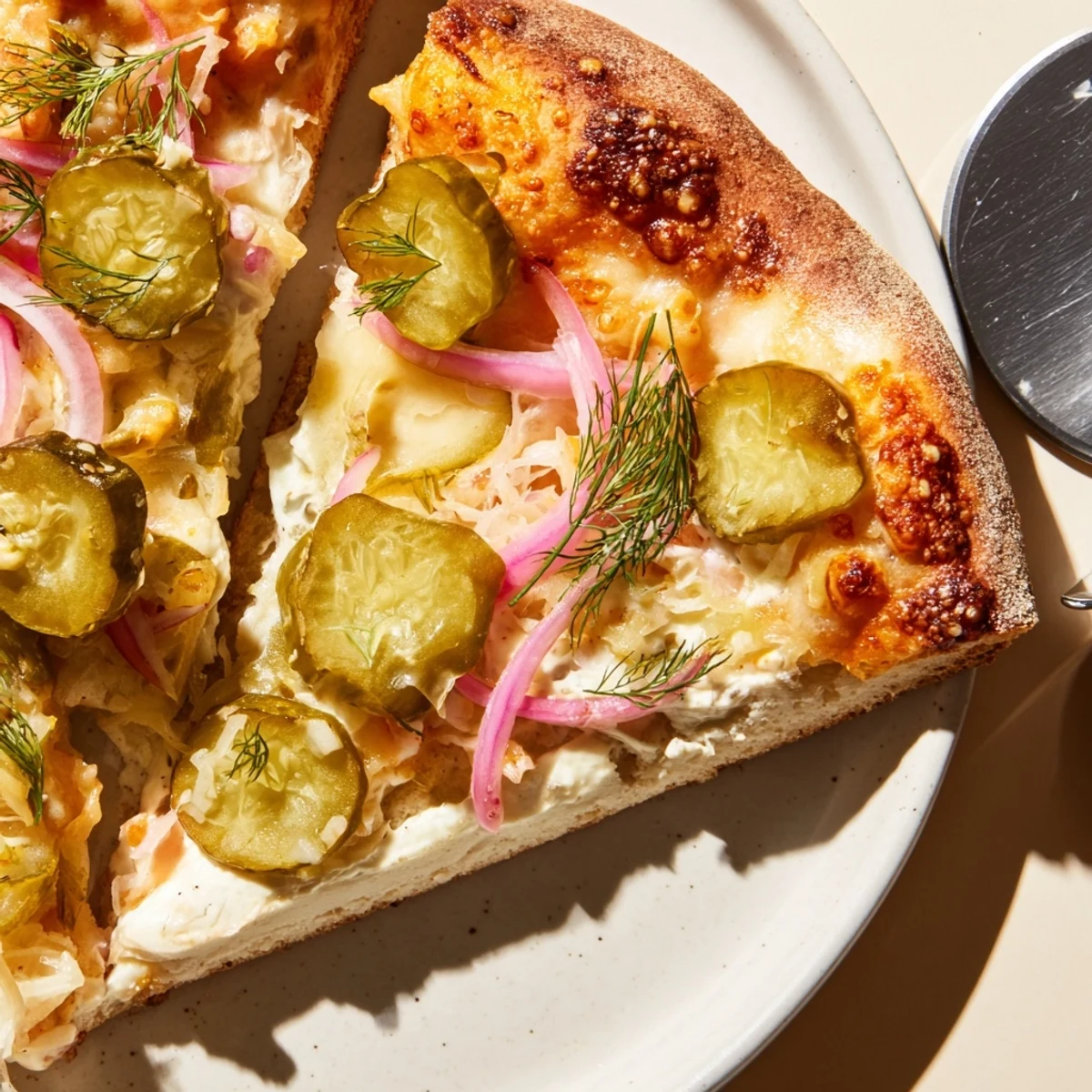 Delicious pickle pizza featuring a creamy sauce and vibrant dill flavor.  