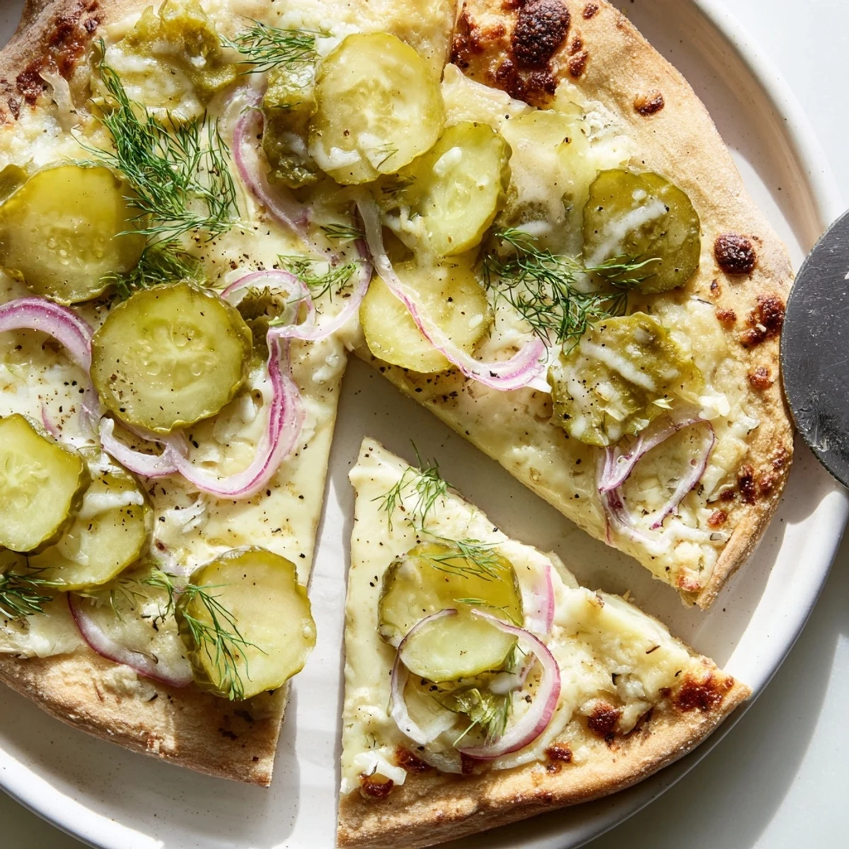 Unique pickle pizza garnished with fresh dill, perfect for adventurous eaters.