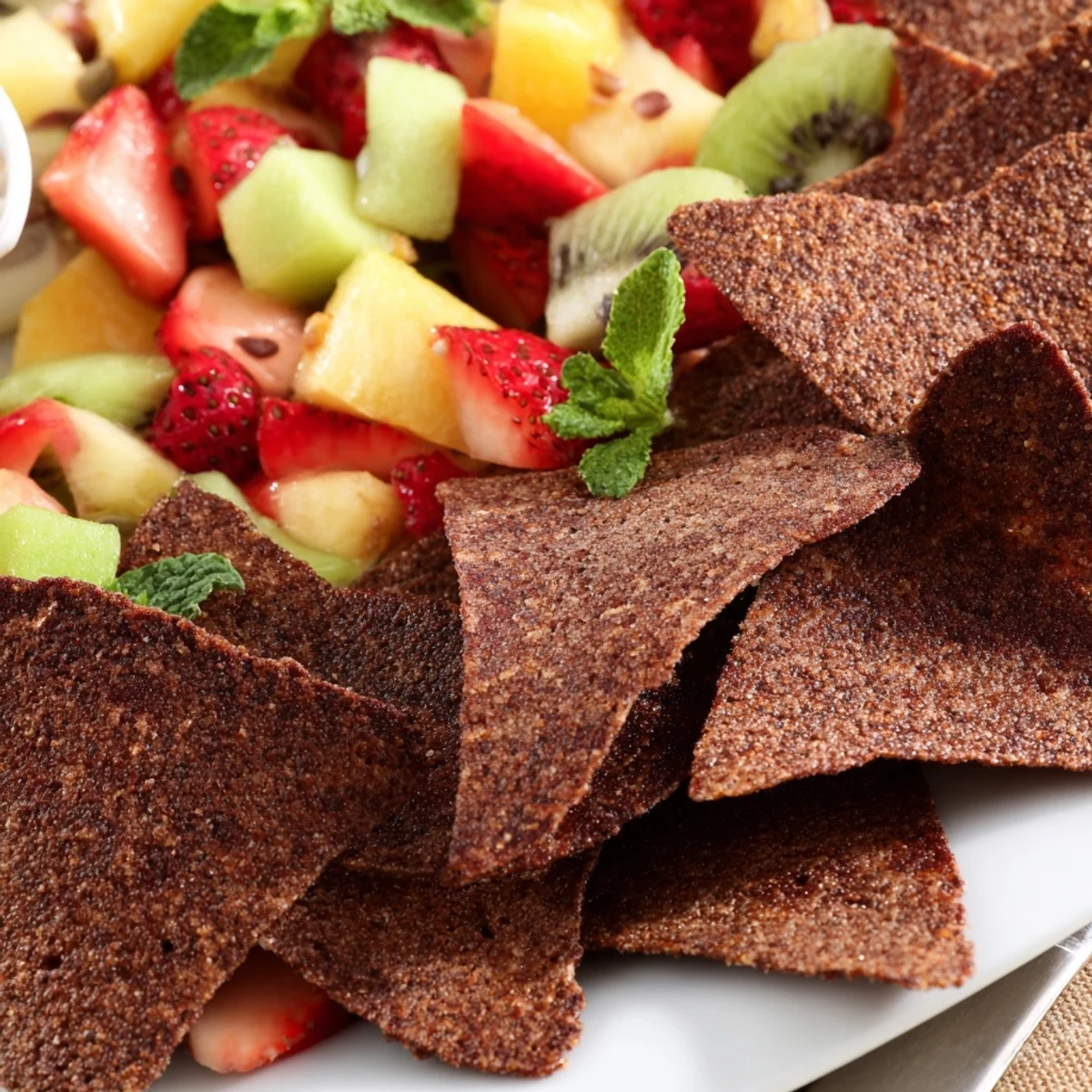 Delicious Dessert Chips & Salsa served on a platter, showcasing vibrant fruit medley.  