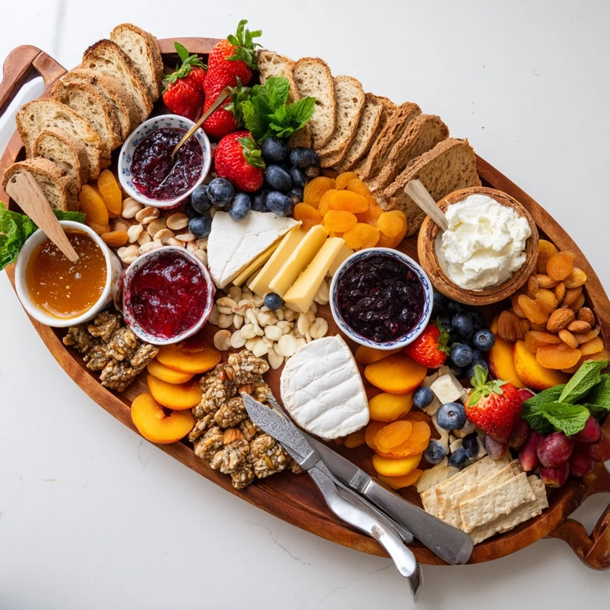 Vibrant jam-infused brunch board with colorful fruits, artisan cheeses, and fresh bread.