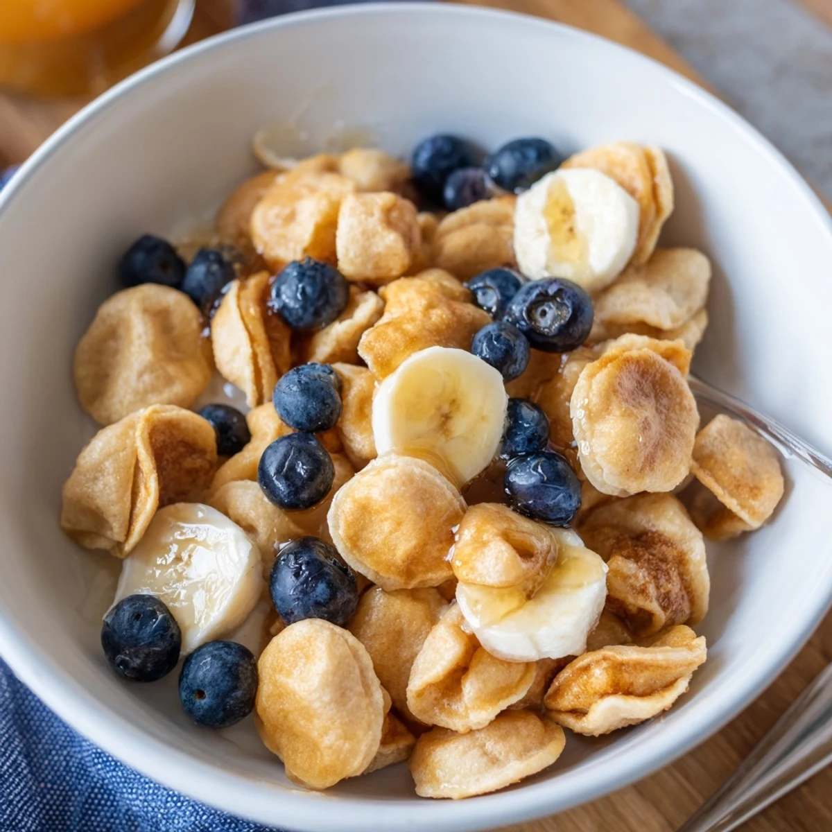 Delicious mini pancake cereal, crispy bites topped with syrup and fresh berries.  