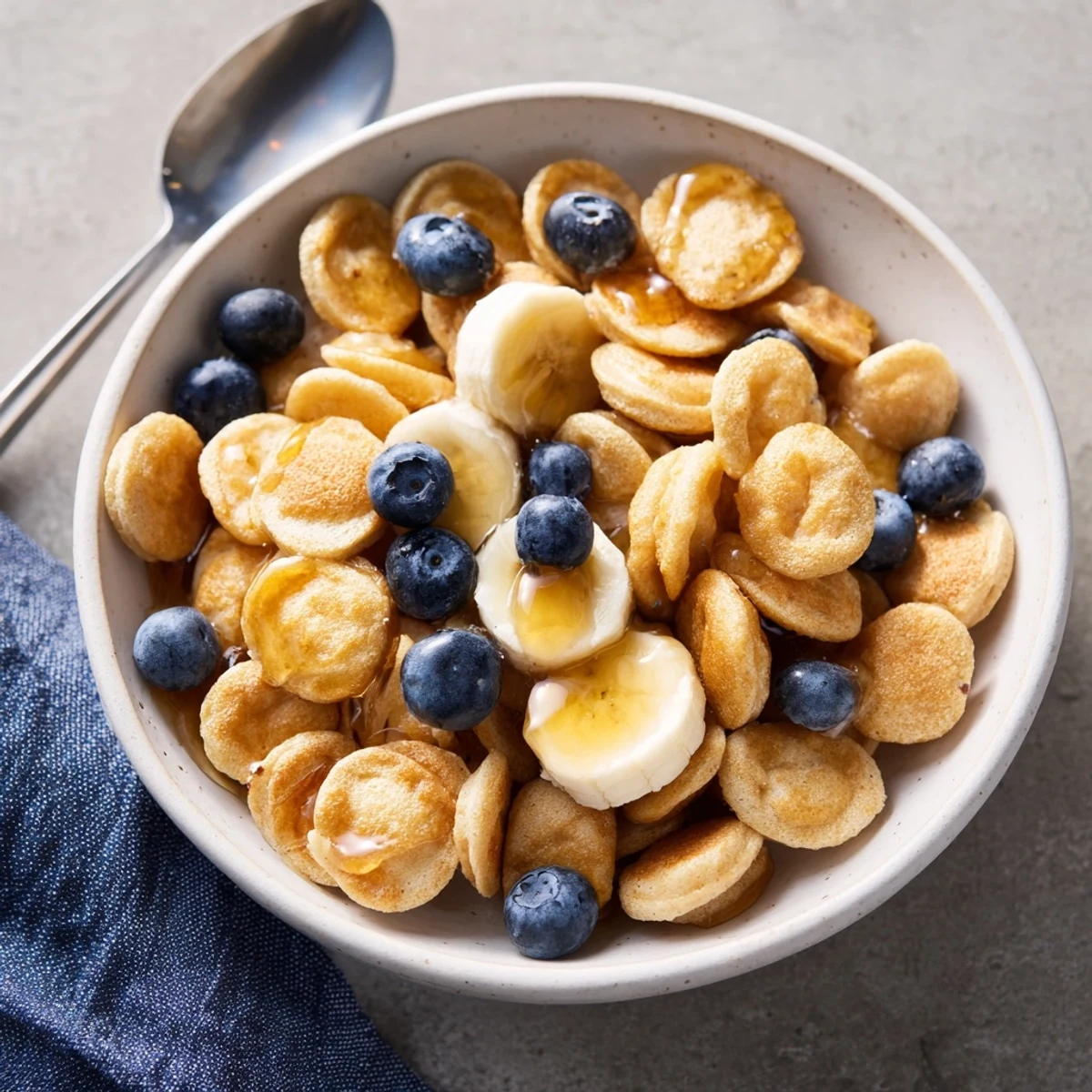 Charming mini pancake cereal bowl, perfect for breakfast with milk and fruit.  