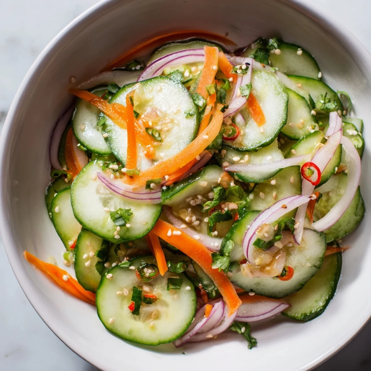 Refreshing cucumber salad remix with Asian flavors and a tangy dressing.  