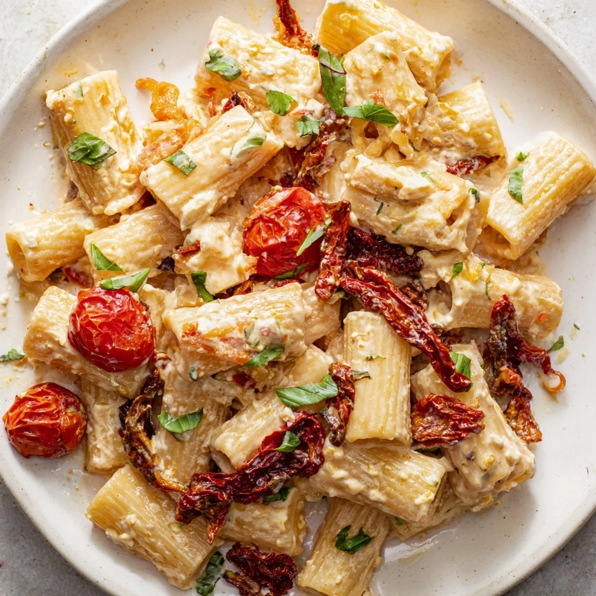 Savory baked feta pasta topped with fresh basil, perfect for weeknight dinners.