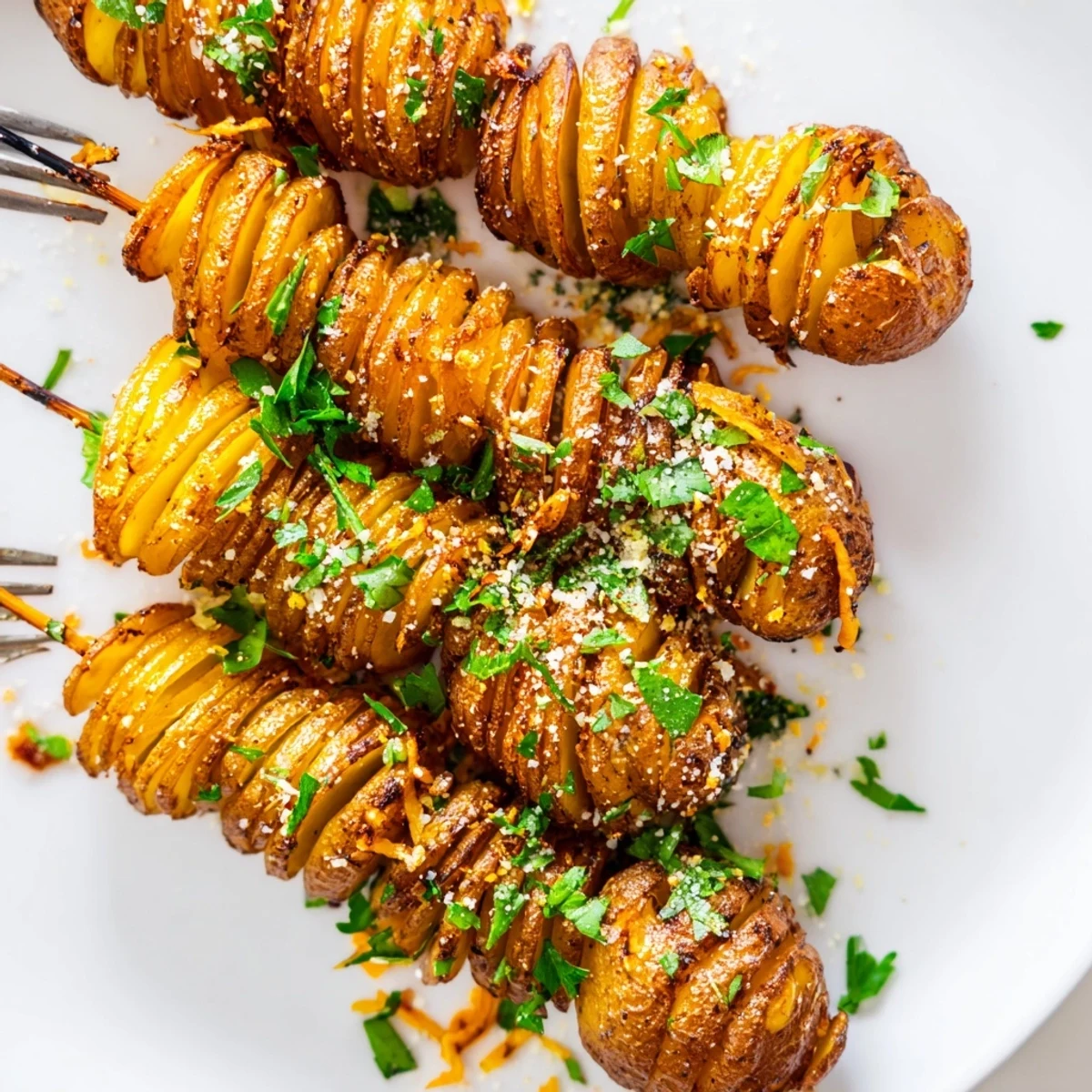 Crispy air-fryer tornado potatoes on skewers, seasoned for a tasty snack.  